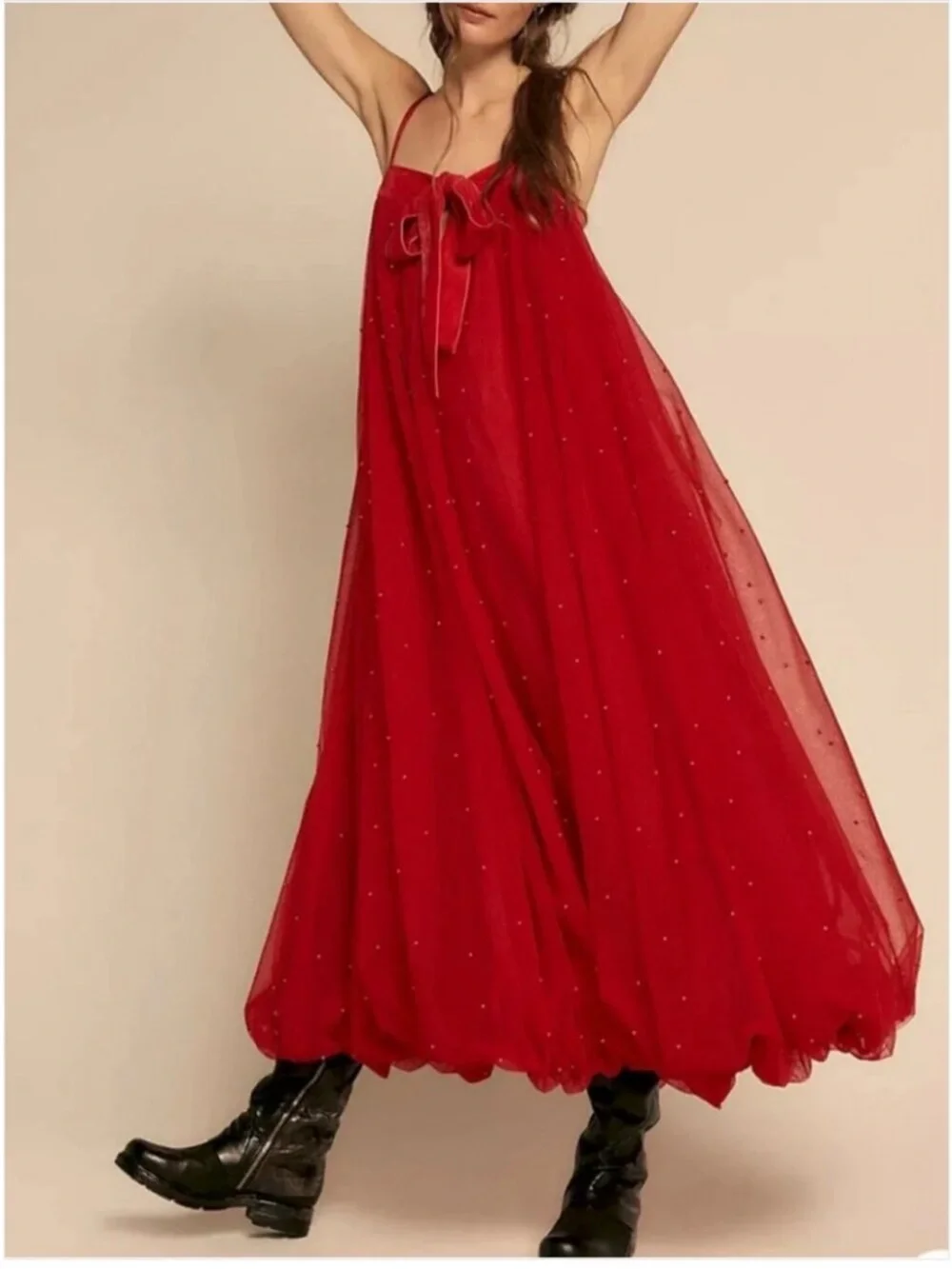 Free People Red Pearl Embellished Spaghetti-Strap Bubble Hem Maxi Dress